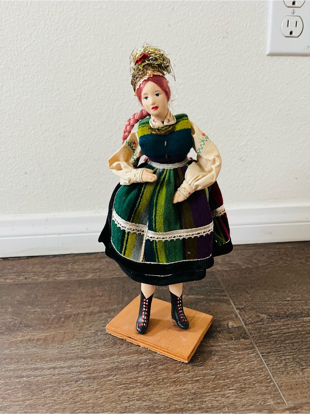 Handcrafted Folk Doll in Green Multicolor Traditional Dress from Poland